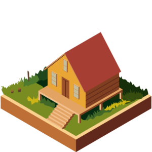 自然の中にあるログハウスのアイソメトリックイラスト