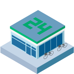 自転車が止まっているコンビニのアイソメトリックイラスト