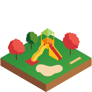 滑り台と砂場のある公園のアイソメトリックイラスト