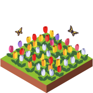 蝶々の舞うチューリップの花畑のアイソメトリックイラスト