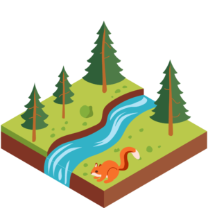 リスが暮らす川がある森のアイソメトリックイラスト