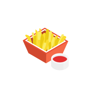 ケチャップ付きのフライドポテトのアイソメトリックイラスト