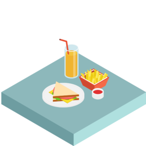 サンドイッチとオレンジジュースとポテトのアイソメトリックイラスト