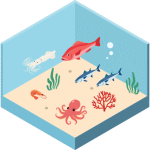 たくさんの魚が暮らす海中のアイソメトリックイラスト