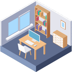 本棚とパソコンがある仕事部屋のアイソメトリックイラスト