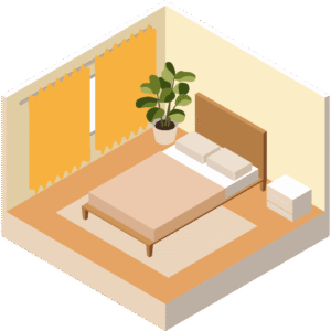 大きなベッドがある寝室のアイソメトリックイラスト