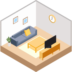 テレビとソファのあるリビングのアイソメトリックイラスト