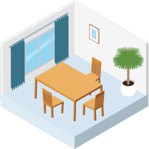 大きな窓のあるダイニングのアイソメトリックイラスト