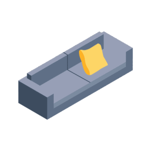 黄色いクッションが置いてある青いソファのアイソメトリックイラスト