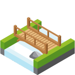 川にかかった木製の橋のアイソメトリックイラスト