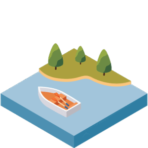 ボートがある湖のアイソメトリックイラスト