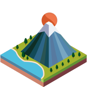 湖と初日の出が見える富士山のアイソメトリックイラスト