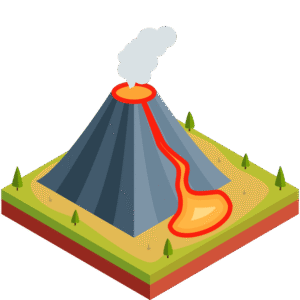 溶岩が溢れ出る火山のアイソメトリックイラスト
