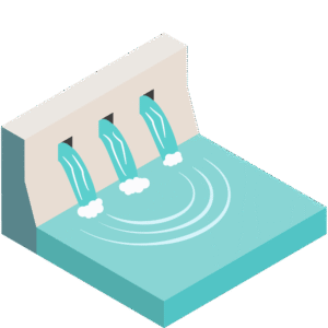 ダムと貯水池のアイソメトリックイラスト