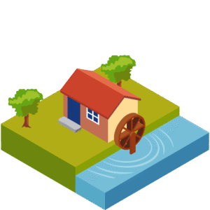 森の中の水車小屋のアイソメトリックイラスト