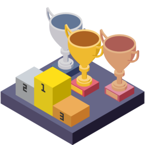 トロフィーと表彰台がある表彰式のアイソメトリックイラスト