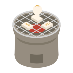 七輪でお餅を焼いている様子のアイソメトリックイラスト