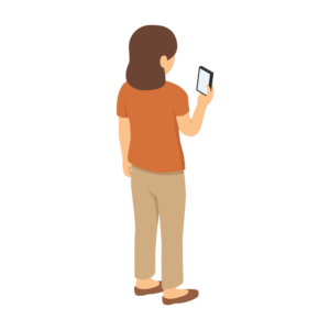 スマホを見ているオレンジの服を着ている人の後ろ姿のアイソメトリックイラスト