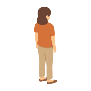 立っているオレンジの服を着た人の後ろ姿のアイソメトリックイラスト