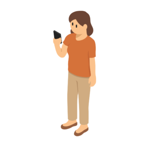 スマホを見ているオレンジの服を着ている人のアイソメトリックイラスト