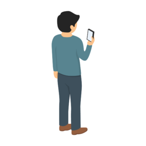 スマホを見ている青い服を着ている人の後ろ姿のアイソメトリックイラスト