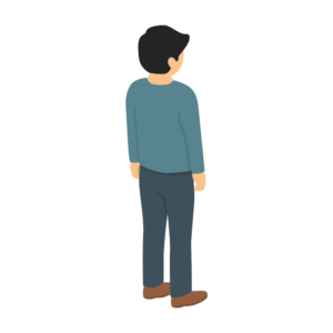 立っている青い服を着た人の後ろ姿のアイソメトリックイラスト