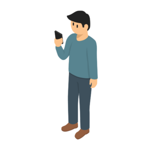 スマホを見ている青い服を着ている人のアイソメトリックイラスト
