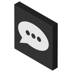 四角形フレーム付きの丸い吹き出しアイコンのモノクロアイソメトリックイラスト